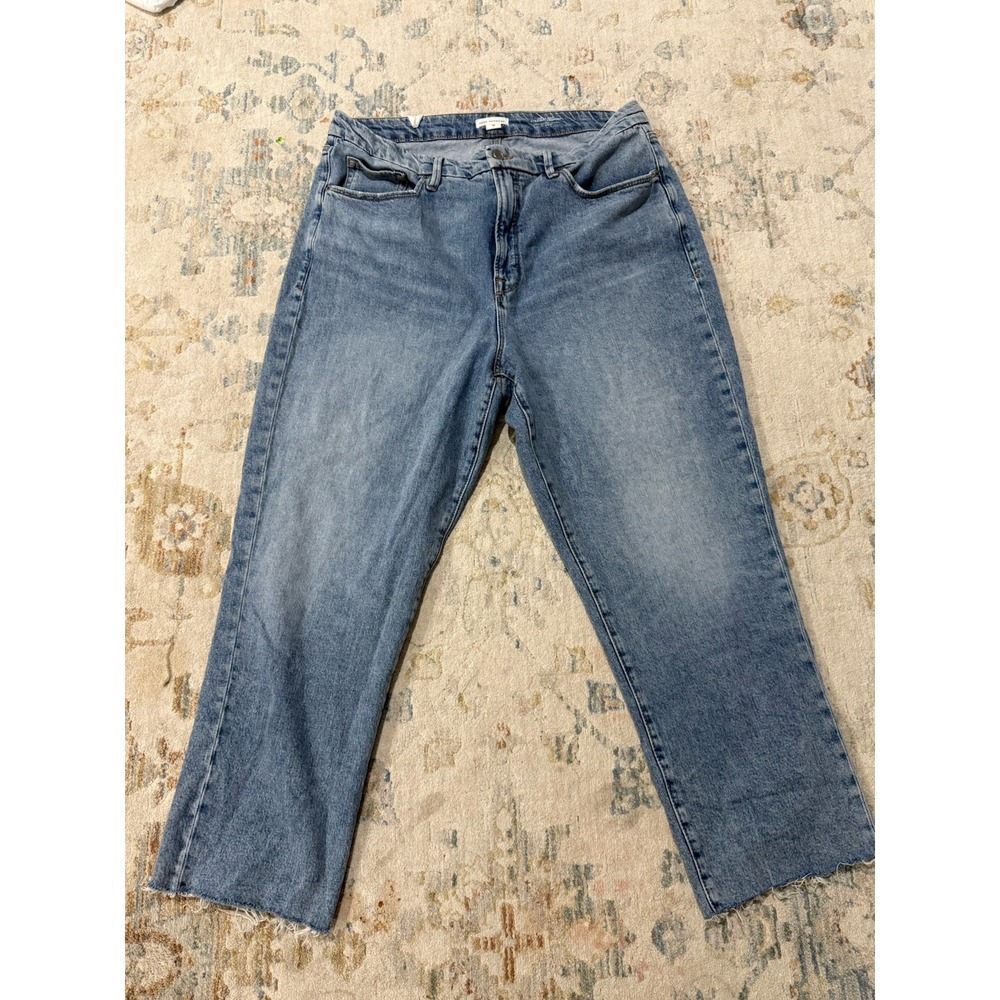Good American Good Boy Straight Cropped Jeans Blue Distressed Raw Hem Size 15